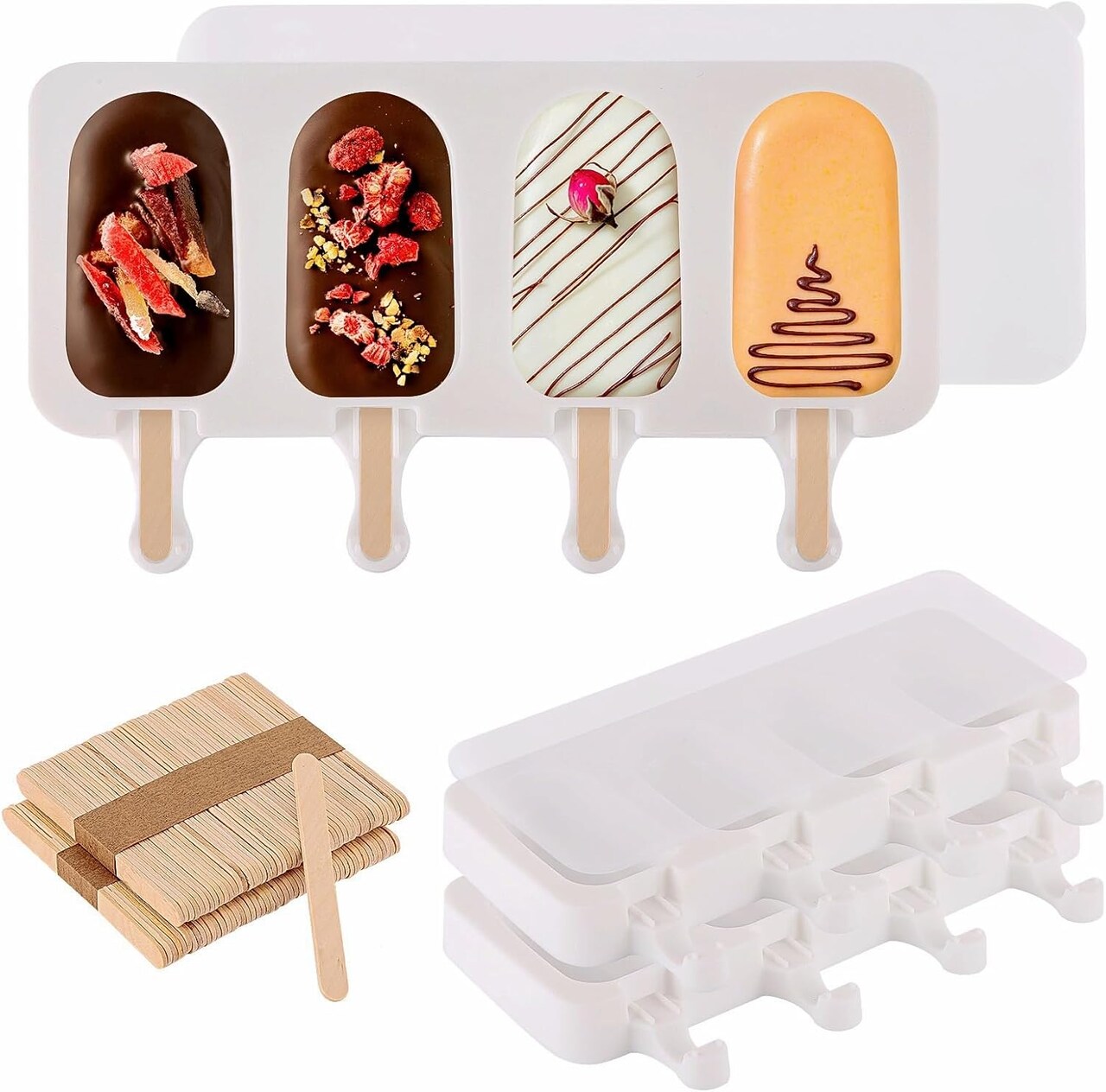 3-Set Silicone Popsicle Molds with Lids – 4-Cavity BPA-Free Ice Pop Maker with 100 Wooden Sticks for Cakesicles, Ice Cream, and DIY Frozen Treats (White)